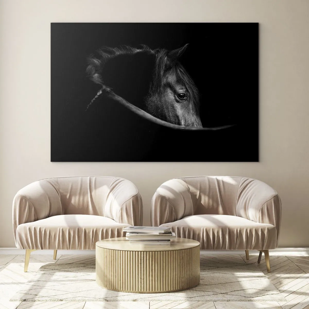 Obraz na szkle - Profil czarnego konia w cieniu z widocznym okiem - 70x50cm - Czarny książę - Nowoczesna dekoracja ścienna do salonu i sypialni ARTTOR