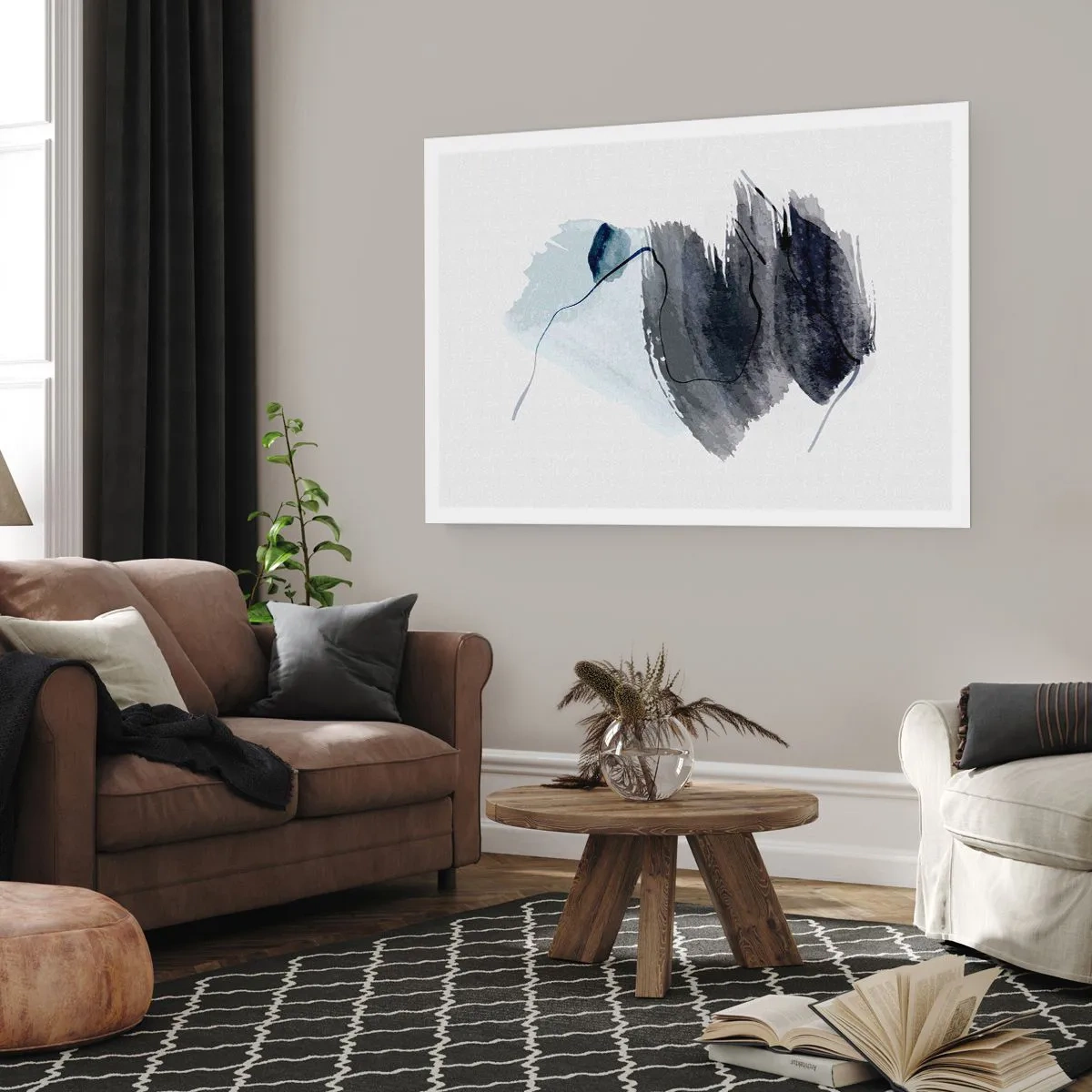 Plakat - Abstrakcyjna kompozycja w odcieniach szarości i błękitu - 100x70cm - Intensywność i ruch - Nowoczesna dekoracja ścienna do salonu i sypialni ARTTOR