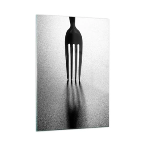 Obraz na szkle - Widelec rzucający cień w minimalistycznej czarno-białej kompozycji - 50x70cm - Światło i cień - Nowoczesna dekoracja ścienna do salonu, kuchni i sypialni ARTTOR