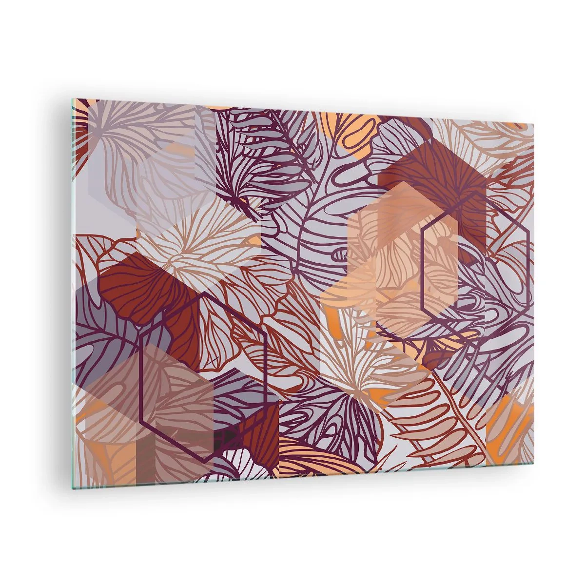 Obraz na szkle - Graficzne liście na tle geometrycznych kształtów - 70x50cm - Związek niemozliwy geometrii i natury - Nowoczesna dekoracja ścienna do salonu i sypialni ARTTOR