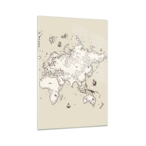 Obraz na szkle - Stylizowana mapa świata w odcieniach beżu i brązu - 70x100cm - Podróż dookoła świata - Nowoczesna dekoracja ścienna do salonu i sypialni ARTTOR
