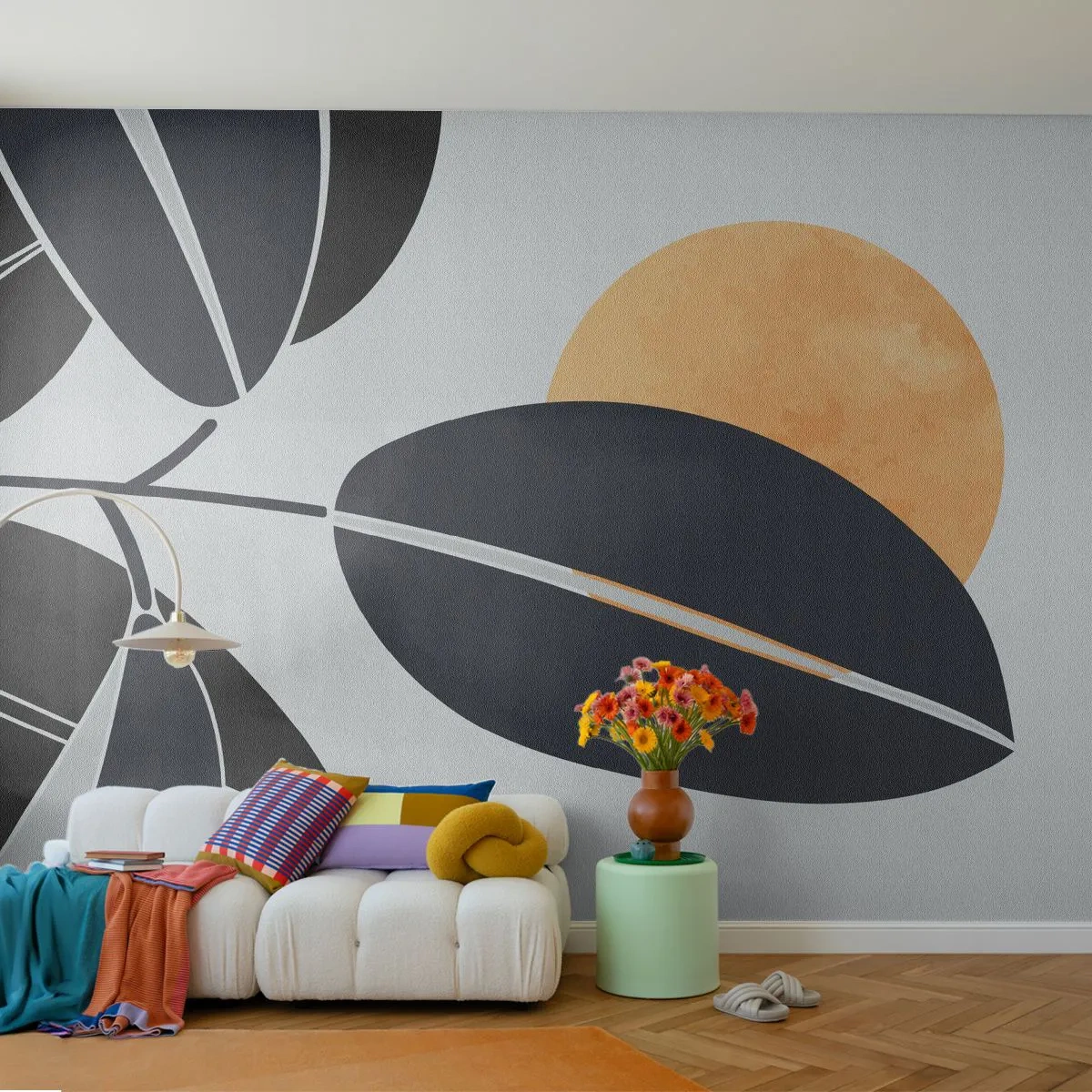 Fototapeta Premium Sand - Abstrakcyjne liście i pomarańczowe słońce na jasnym tle - 100x70cm - Dzień gorącego lata - Nowoczesna dekoracja ścienna do salonu, kuchni i sypialni ARTTOR