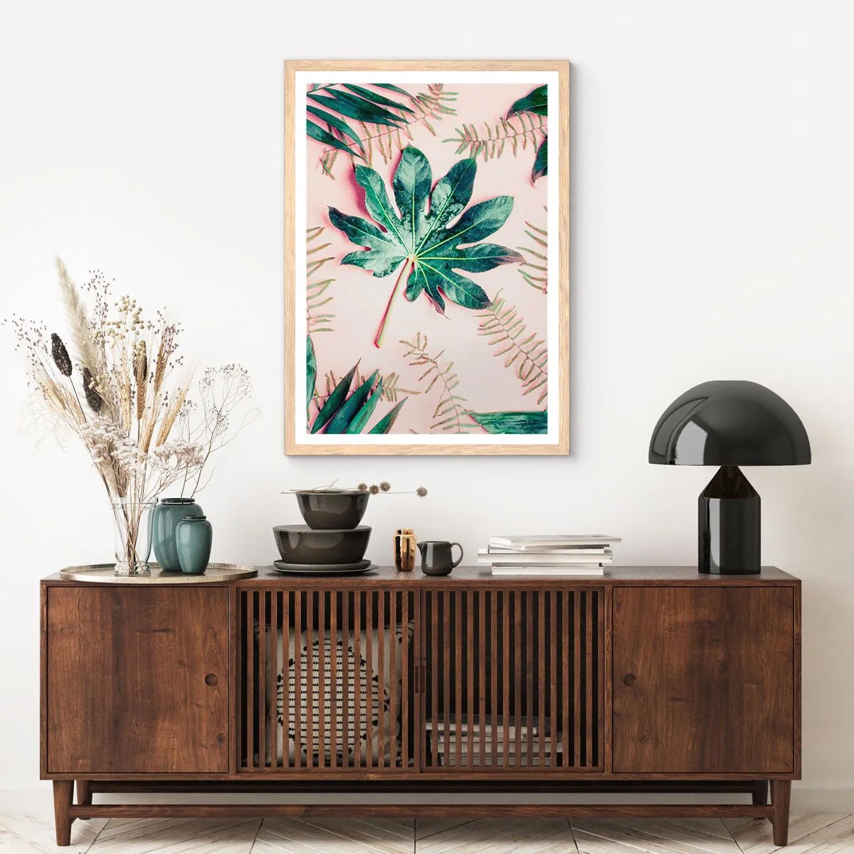 Plakat w ramie jasny dąb - Studium zieleni na różowym tle - 61x91 cm