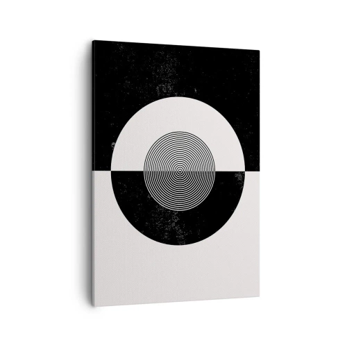 Obraz na płótnie - Geometryczna kompozycja czarno-białych okręgów na podzielonym tle - 50x70cm - Harmonia w czerni i bieli - Nowoczesna dekoracja ścienna do salonu, kuchni i sypialni ARTTOR