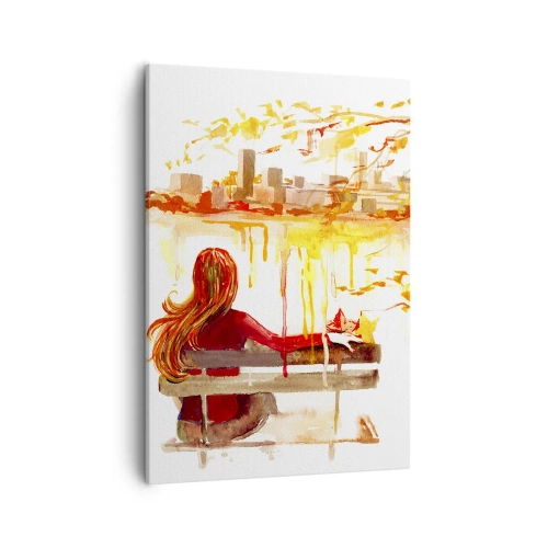 Obraz na płótnie - Kobieta na ławce podziwiająca miasto w złotej palecie - 50x70cm - Chwila zadumy - Nowoczesna dekoracja ścienna do salonu, kuchni i sypialni ARTTOR