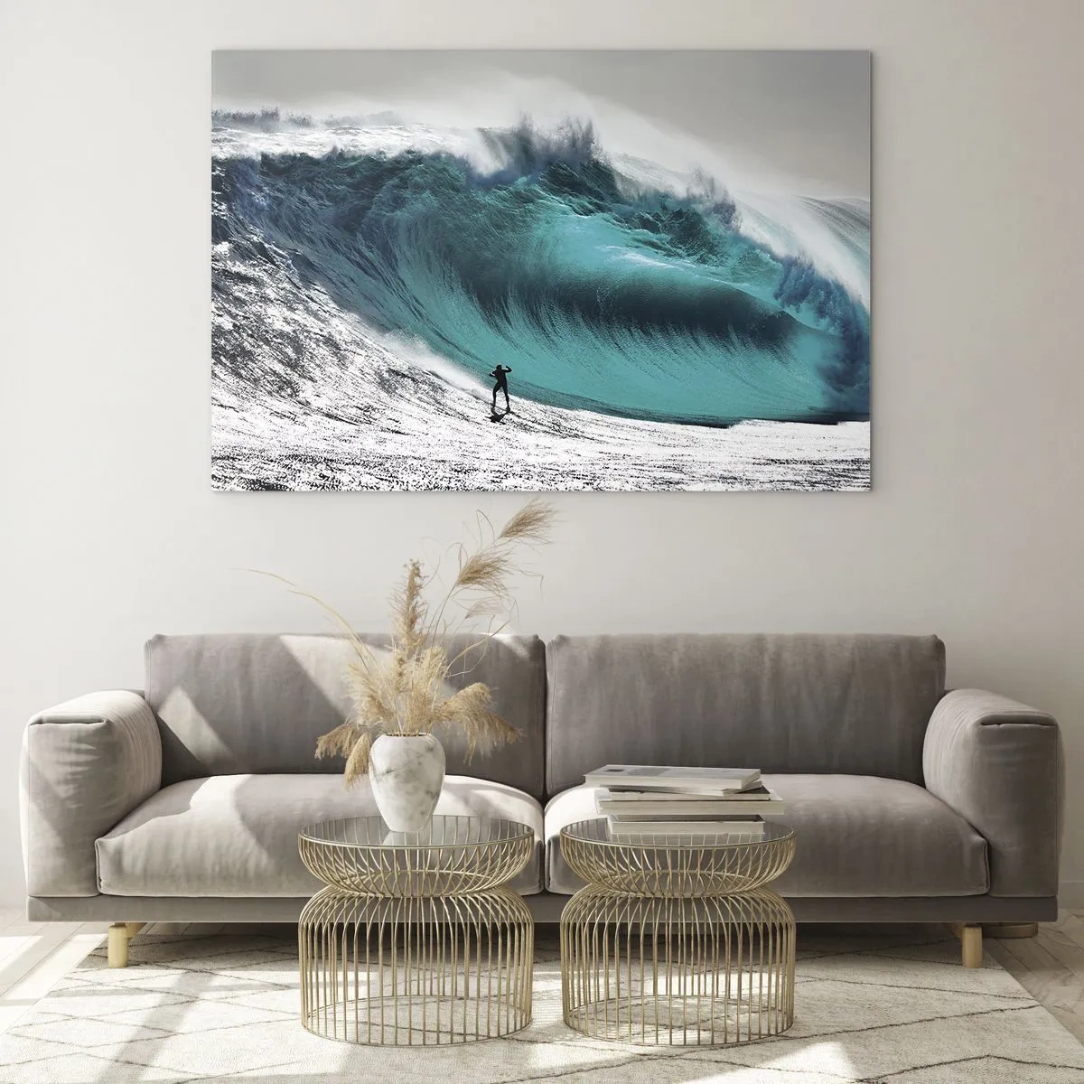 Obraz na szkle - Surfer przed olbrzymią falą - 70x50cm - Wyzwanie przyjęte - Nowoczesna dekoracja ścienna do salonu i sypialni ARTTOR