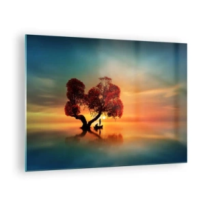 Obraz na szkle - Drzewo z czerwonymi liśćmi na tle zachodu słońca - 70x50cm - Oddaleńcy i ciszyzna bezświata - Nowoczesna dekoracja ścienna do salonu i sypialni ARTTOR