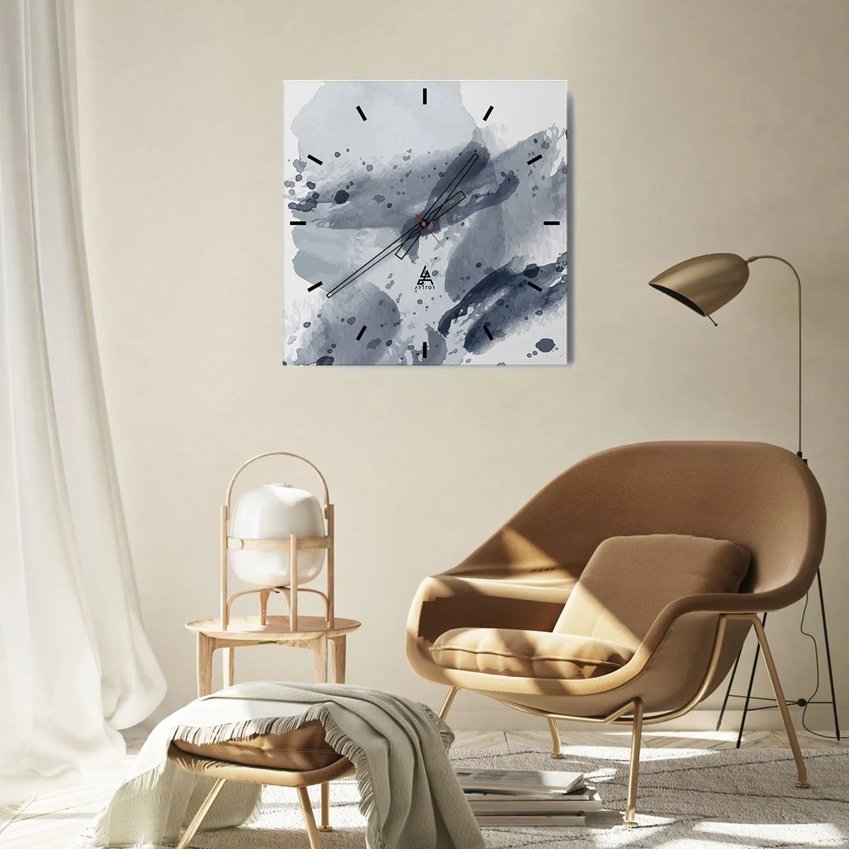 Zegar ścienny - Abstrakcyjne plamy w odcieniach niebieskiego na jasnym tle - 30x30cm - Studium natury wody - Nowoczesna dekoracja ścienna do salonu i sypialni ARTTOR