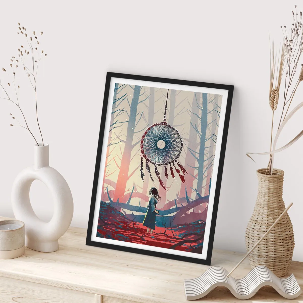 Plakat w czarnej ramie - Postać w lesie z łapaczem snów na tle pastelowych barw - 50x70cm - Tajemny rytuał szczęścia - Nowoczesna dekoracja ścienna do salonu i sypialni ARTTOR