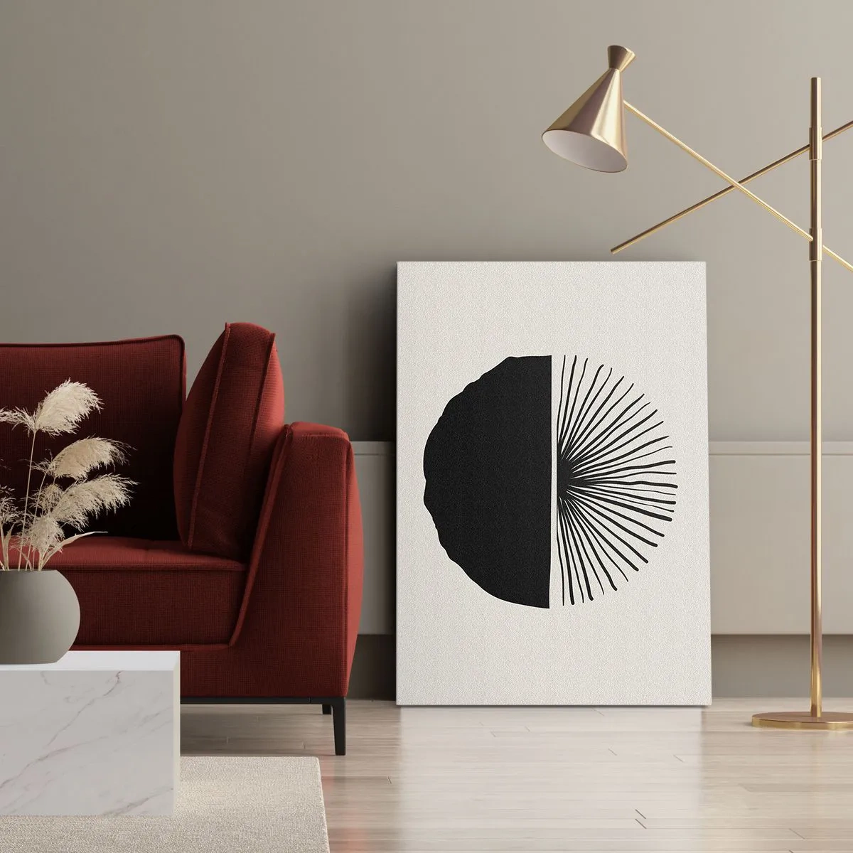 Obraz na płótnie - Minimalistyczna czarno-biała kompozycja geometryczna z abstrakcyjnym kołem - 50x70cm - Wachlarz możliwości - Nowoczesna dekoracja ścienna do salonu, kuchni i sypialni ARTTOR