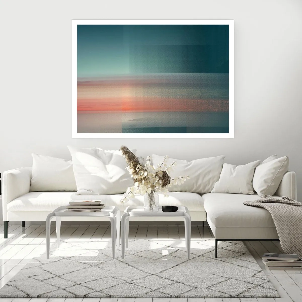 Plakat - Zachód słońca w pastelowych odcieniach nad spokojnym horyzontem - 100x70cm - Abstrakcja: fale światła - Nowoczesna dekoracja ścienna do salonu i sypialni ARTTOR