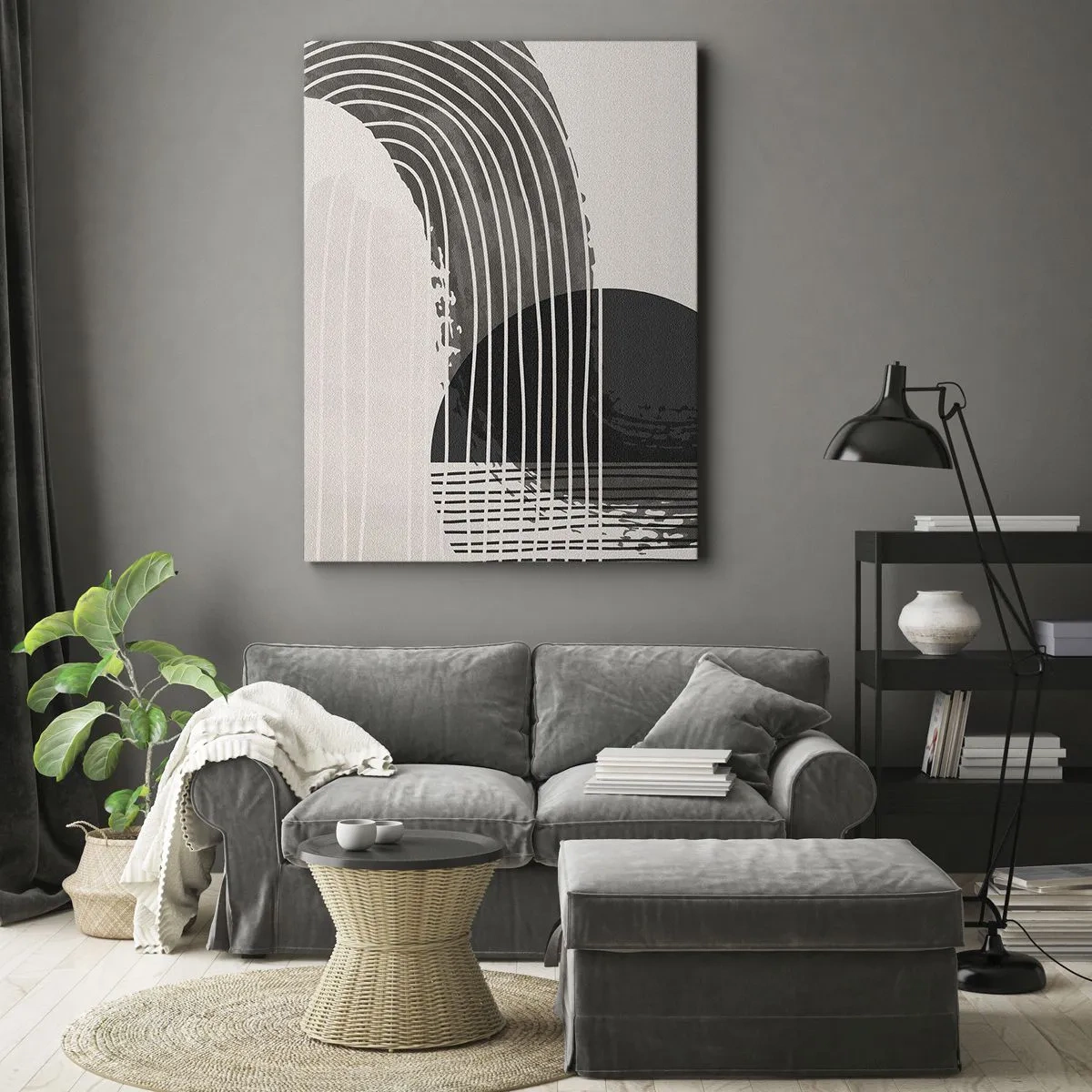 Obraz na płótnie - Abstrakcyjna kompozycja czarno-białych łuków i okręgów - 50x70cm - Tam i z powrotem - Nowoczesna dekoracja ścienna do salonu, kuchni i sypialni ARTTOR