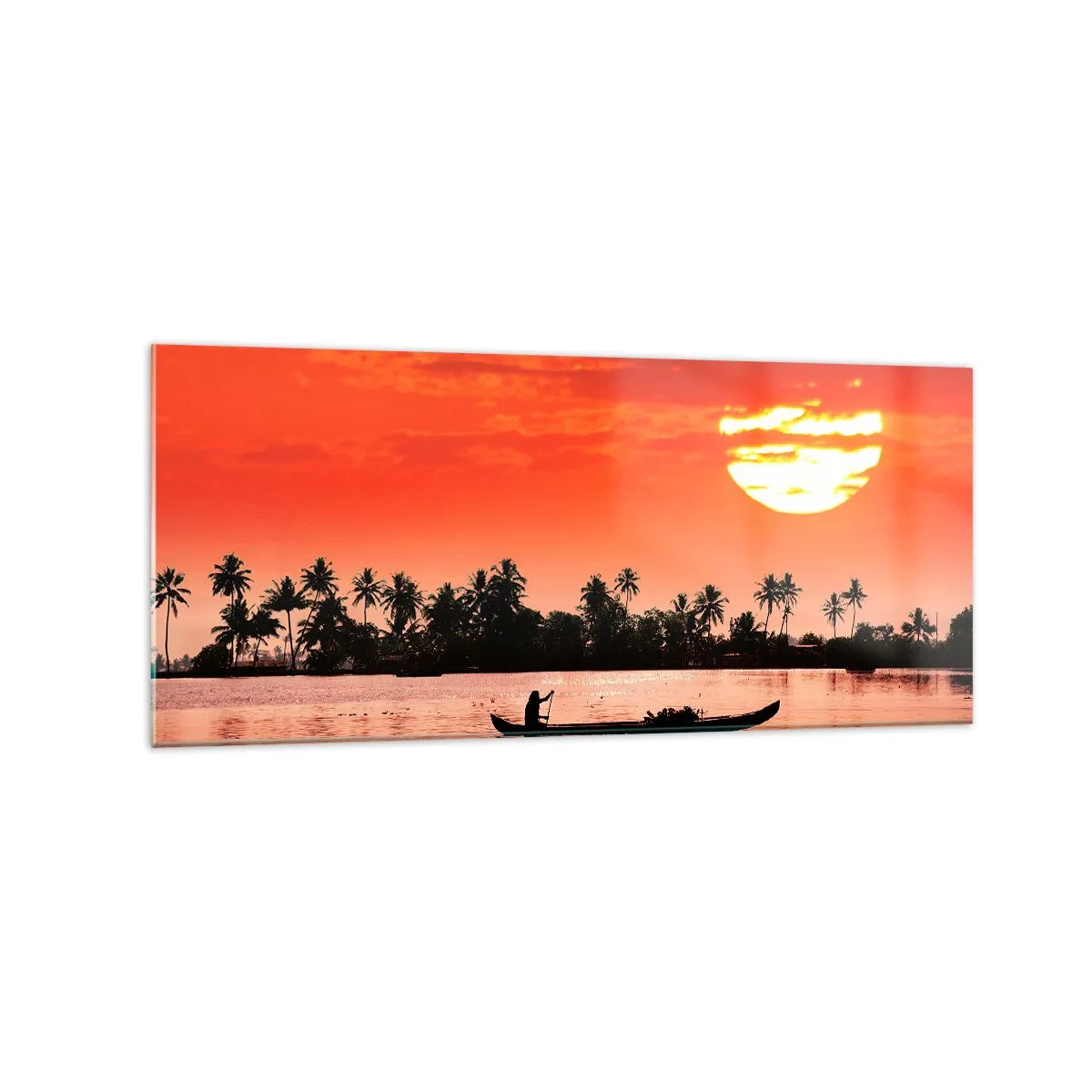 Obraz na szkle - Tropikalny zachód słońca z łodzią na tle palm - 120x50cm - Spokój tropików o zachodzie - Nowoczesna dekoracja ścienna do salonu i sypialni ARTTOR
