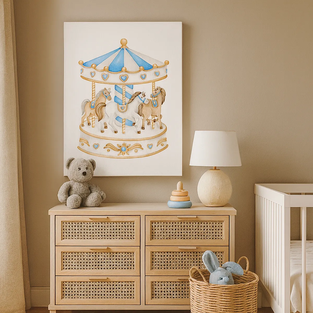 Obraz na płótnie - Akwarelowa karuzela w pastelowych kolorach z ozdobnymi konikami - 50x70cm - Słodkie dzieciństwo - Nowoczesna dekoracja ścienna do salonu, kuchni i sypialni ARTTOR