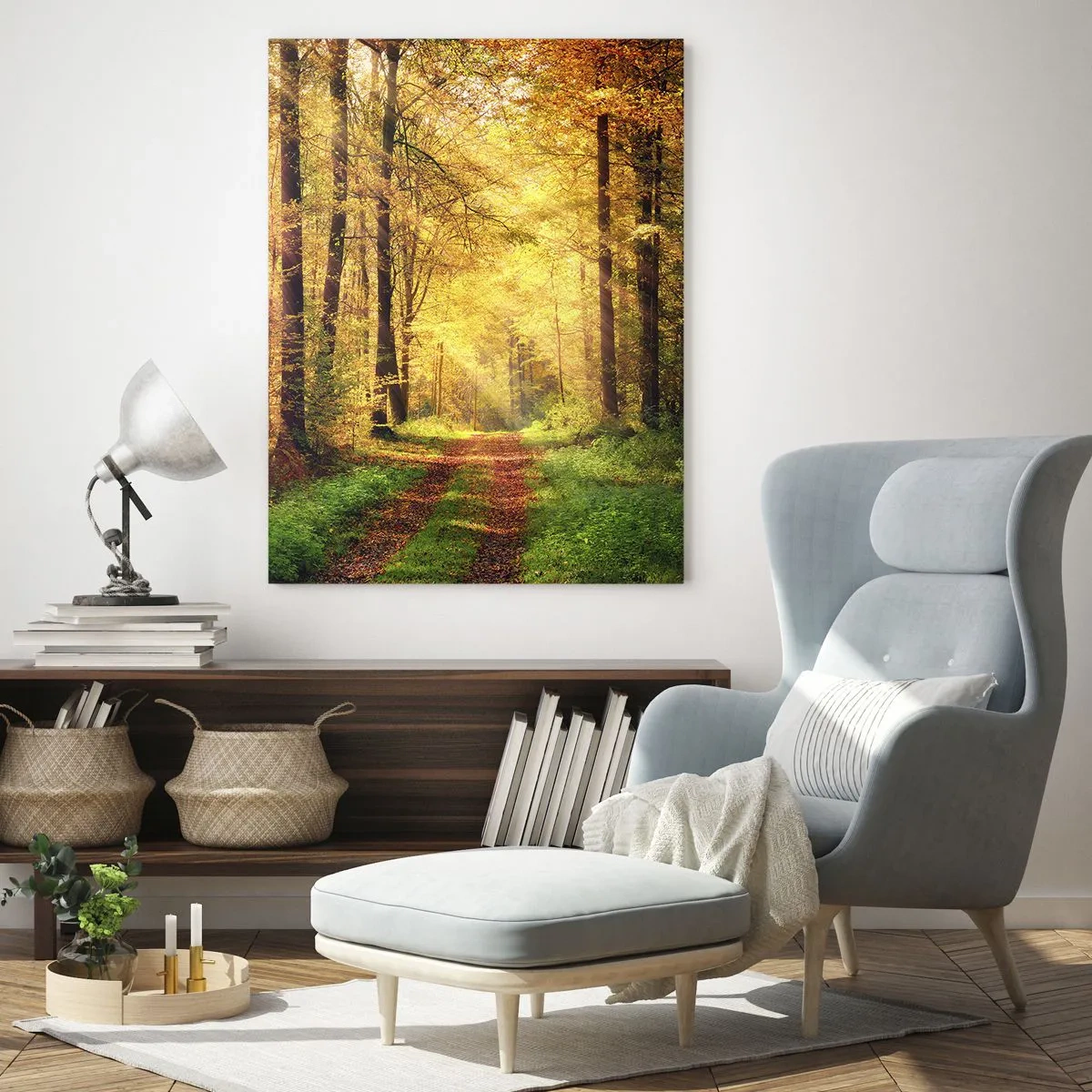 Obraz na szkle - Jesienna ścieżka w lesie z promieniami słońca - 50x70cm - Leśno-złota cisza - Nowoczesna dekoracja ścienna do salonu, kuchni i sypialni ARTTOR