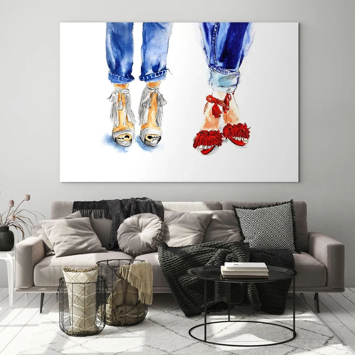 Obraz na szkle - Dwa stylowe obuwia na tle jeansów - 100x70cm - Może pójdziemy na spacer? - Nowoczesna dekoracja ścienna do salonu, kuchni i sypialni ARTTOR