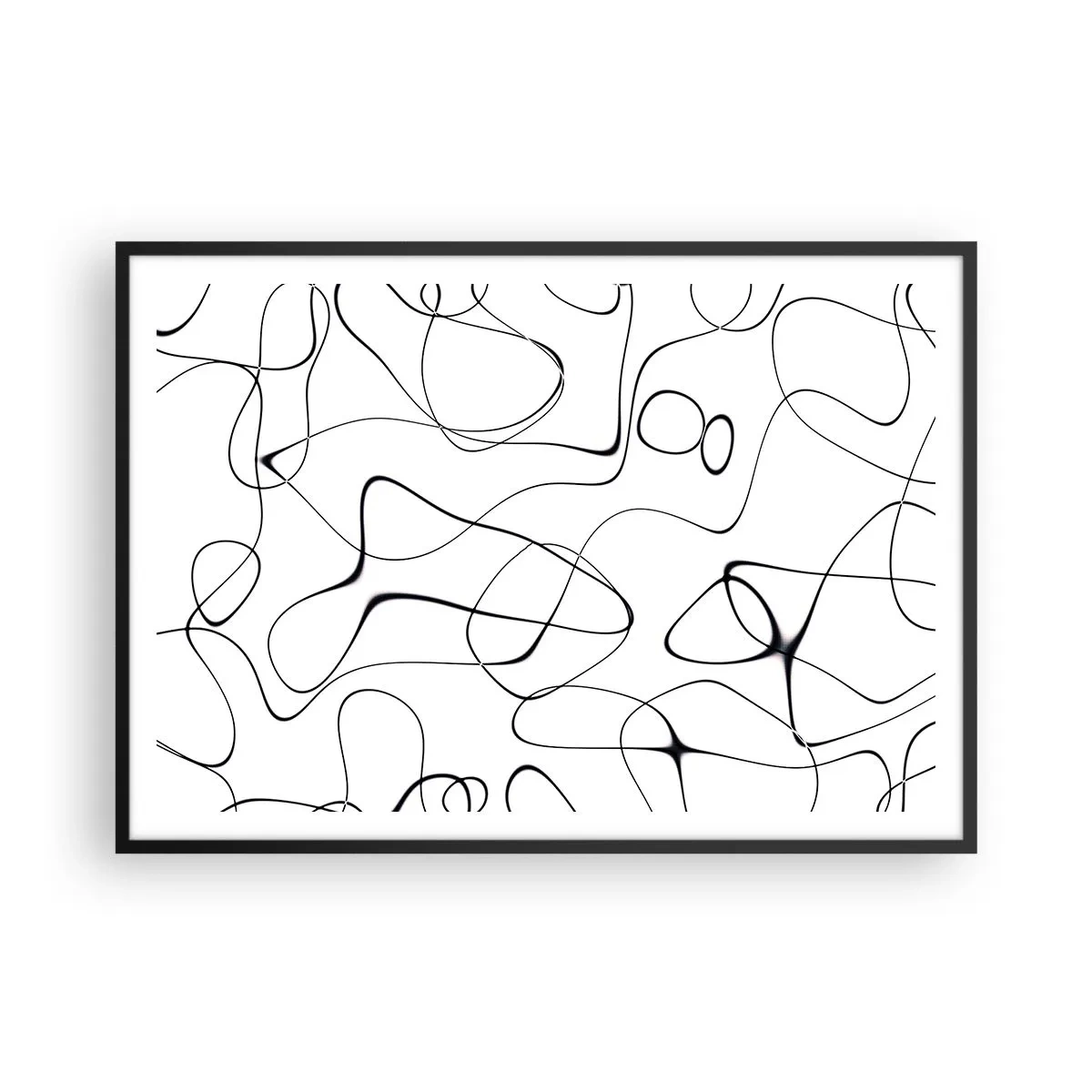 Plakat w czarnej ramie - Abstrakcyjne czarne linie na białym tle w minimalistycznym stylu - 100x70cm - Ścieżki życia, koleje losu - Nowoczesna dekoracja ścienna do salonu i sypialni ARTTOR