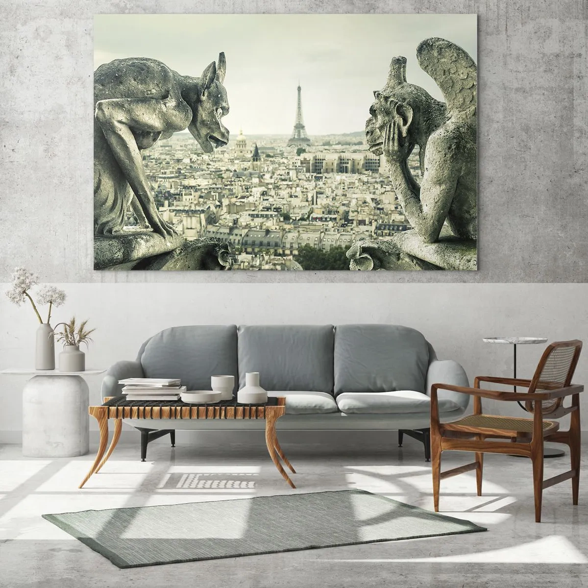 Obraz na szkle - Gargulce nad Paryżem z widokiem na Wieżę Eiffla - 70x50cm - Paryskie pogaduchy - Nowoczesna dekoracja ścienna do salonu i sypialni ARTTOR