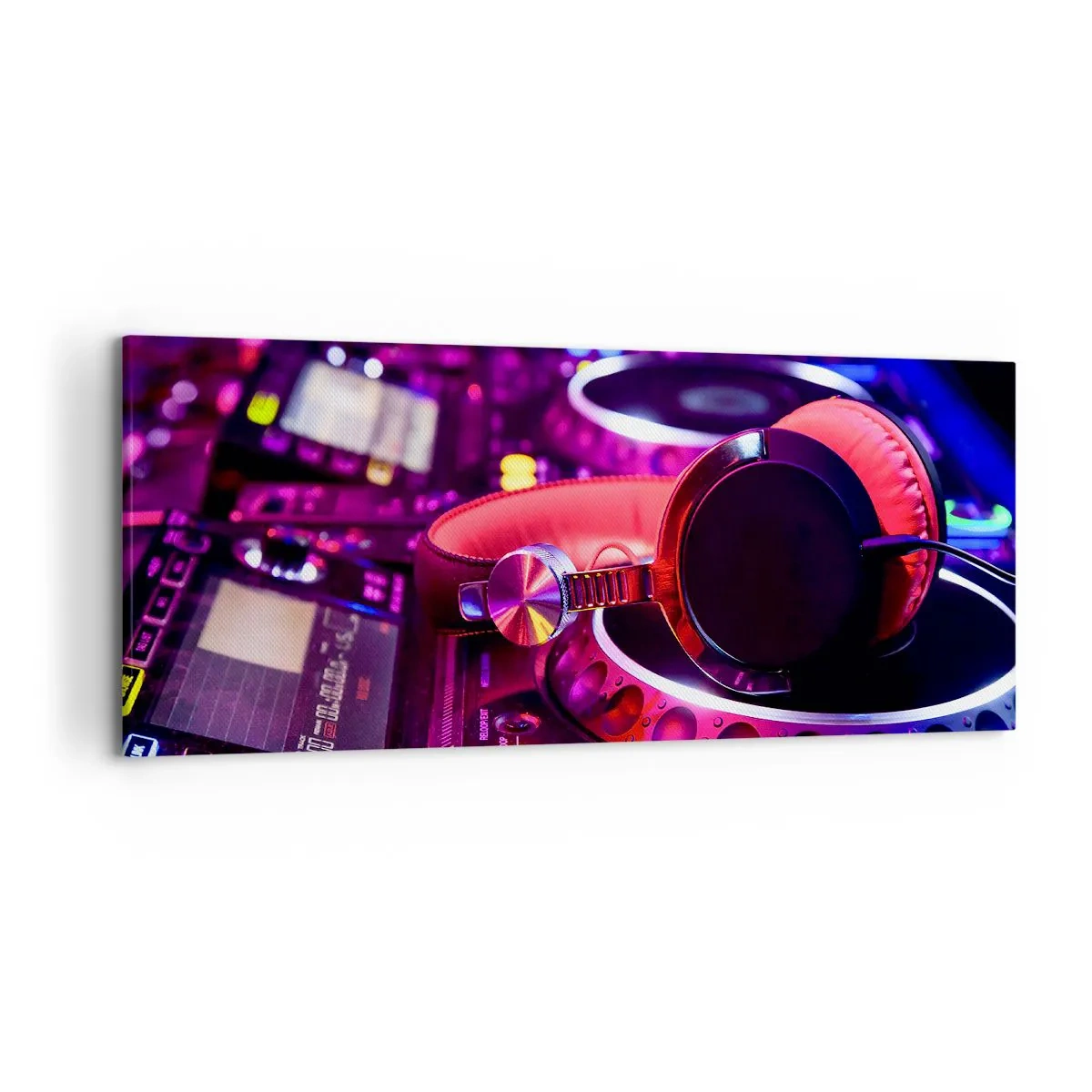 Obraz na płótnie - Słuchawki DJ na konsolecie w neonowym oświetleniu - 120x50cm - Zanim się zacznie zabawa - Nowoczesna dekoracja ścienna do salonu i sypialni ARTTOR