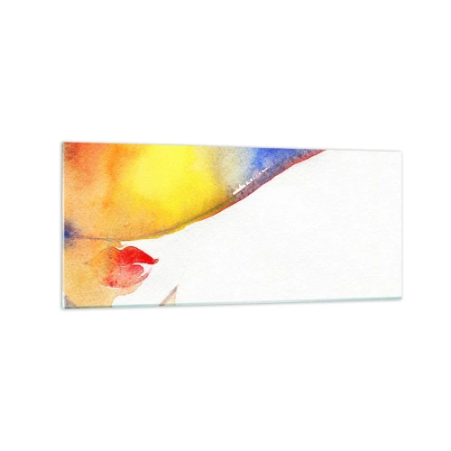 Obraz na szkle - Minimalistyczna akwarela kobiecego profilu z kolorowym kapeluszem - 120x50cm - Portret damy - Nowoczesna dekoracja ścienna do salonu i sypialni ARTTOR