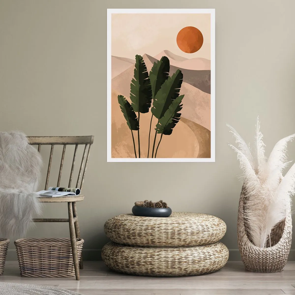 Plakat - Rośliny w pustynnej scenerii z zachodzącym słońcem, abstrakcyjny krajobraz - 50x70cm - Triumf życia - Nowoczesna dekoracja ścienna do salonu, kuchni i sypialni ARTTOR
