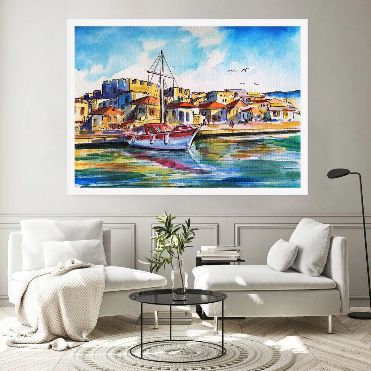Plakat - Malowniczy port z łodzią i kolorowymi budynkami - 100x70cm - Tęczowe popołudnie - Nowoczesna dekoracja ścienna do salonu i sypialni ARTTOR