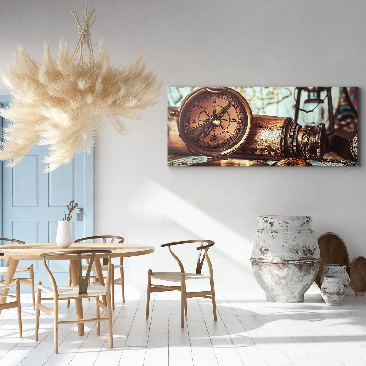 Obraz na płótnie - Zestaw retro z kompasem, lunetą i mapą w klimacie podróżniczym - 120x50cm - Piracka przygoda na Karaibach czeka - Nowoczesna dekoracja ścienna do salonu i sypialni ARTTOR