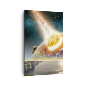 Obraz na płótnie - Zderzenie meteorytu z planetą w kosmicznym krajobrazie - 80x120cm - Kosmiczny dramat - Nowoczesna dekoracja ścienna do salonu i sypialni ARTTOR