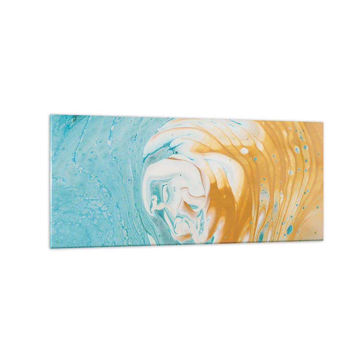Obraz na szkle - Abstrakcyjne fale w odcieniach niebieskiego i złotego na płótnie - 120x50cm - Pastelowy wir - Nowoczesna dekoracja ścienna do salonu i sypialni ARTTOR