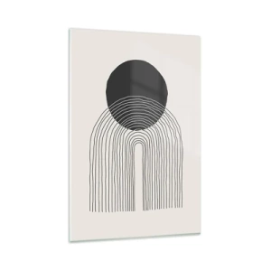 Obraz na szkle - Abstrakcyjny wzór z liniami i czarnym kołem na jasnym tle - 80x120cm - Drżenie i pewność - Nowoczesna dekoracja ścienna do salonu i sypialni ARTTOR