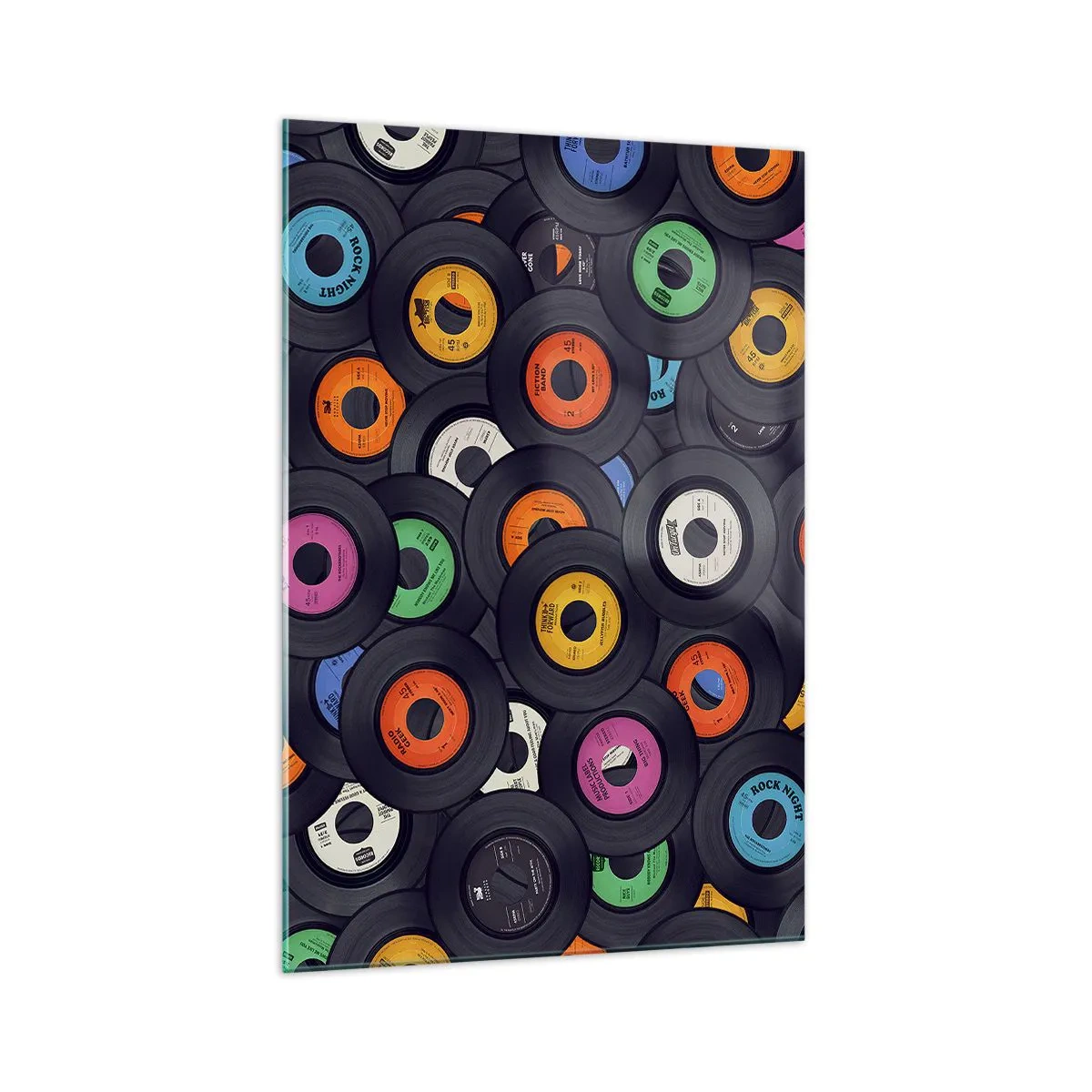 Obraz na szkle - Kolorowe winyle ułożone jeden na drugim - 70x100cm - Kolory klasyki - Nowoczesna dekoracja ścienna do salonu i sypialni ARTTOR