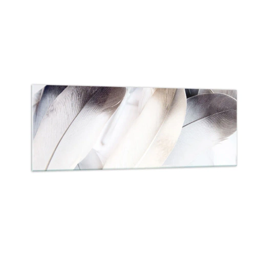Obraz na szkle - Zbliżenie na delikatne pióra w odcieniach bieli i szarości - 140x50cm - Niemal anielskie - Nowoczesna dekoracja ścienna do salonu i sypialni ARTTOR