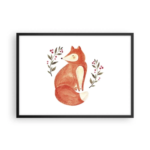 Plakat w czarnej ramie - Akwarelowy lis w otoczeniu gałązek z jagodami - 70x50cm - Mały rudzielec - Nowoczesna dekoracja ścienna do salonu i sypialni ARTTOR