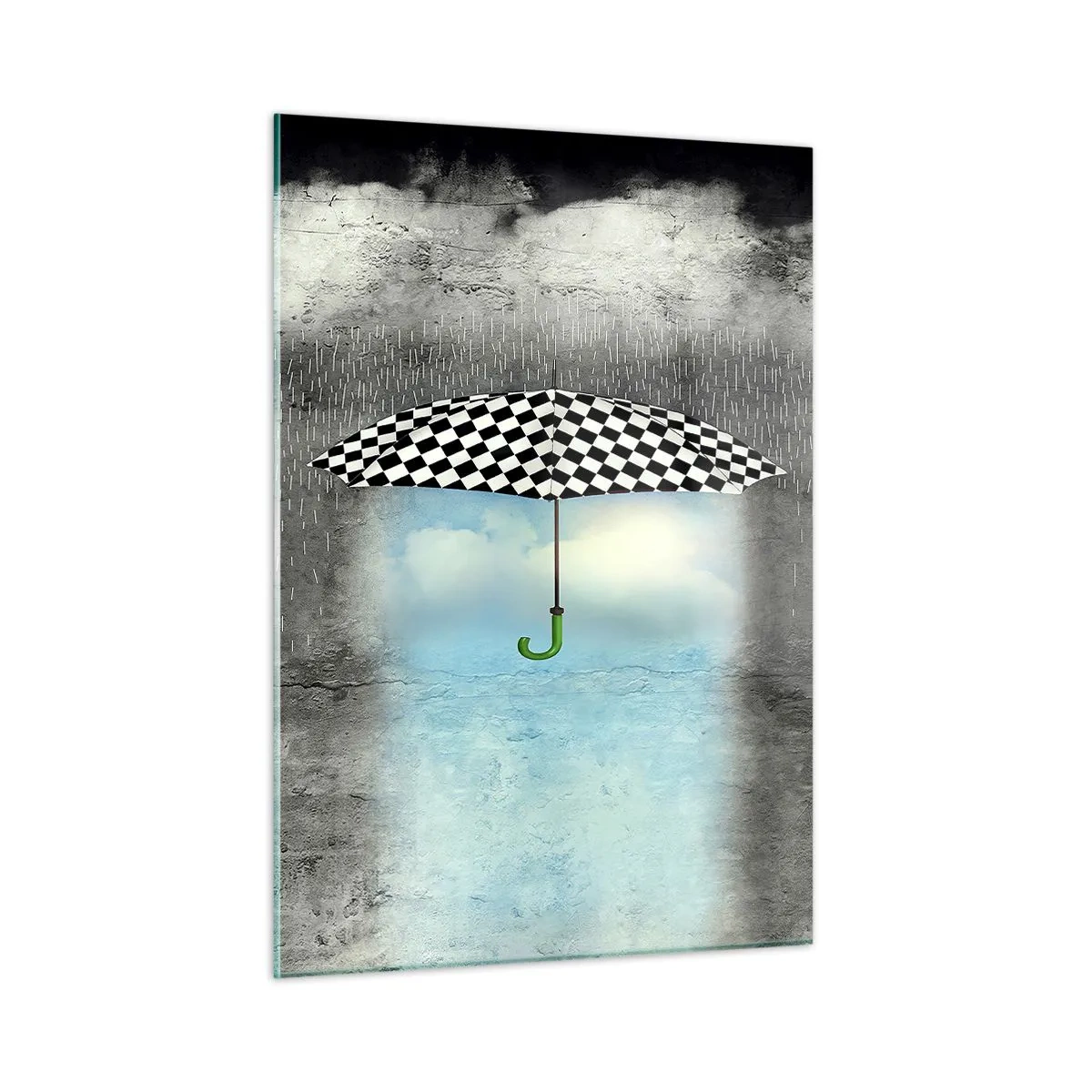 Obraz na szkle - Parasol w czarno-białą kratę na tle deszczu i chmur - 50x70cm - A jednak możliwe - Nowoczesna dekoracja ścienna do salonu, kuchni i sypialni ARTTOR