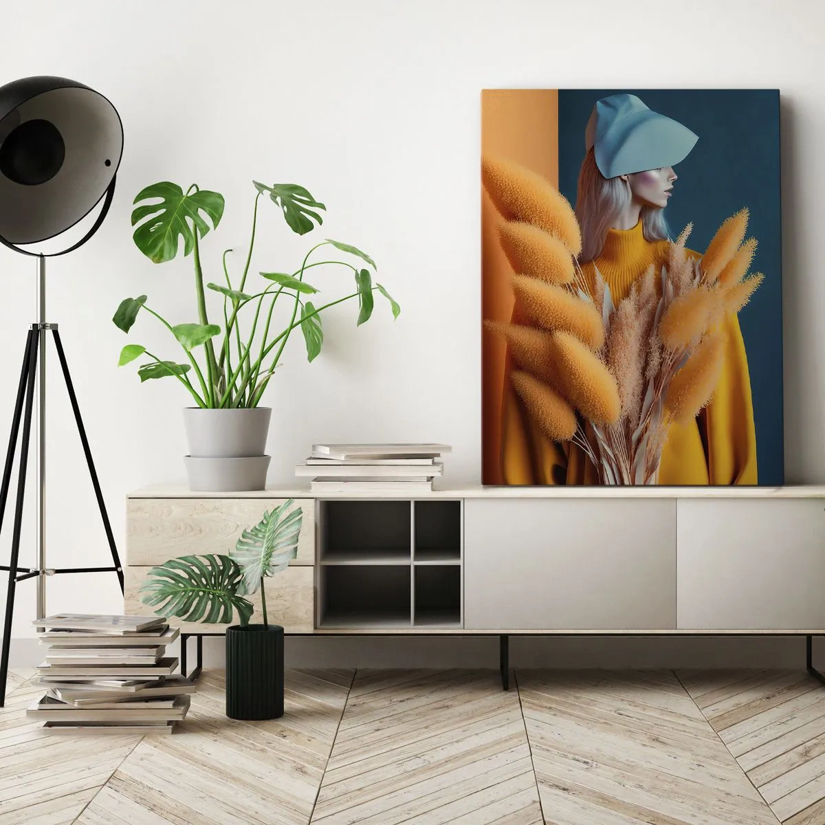 Obraz na płótnie - Portret kobiety w żółtym stroju z suszonymi roślinami na tle turkusu - 80x120cm - Portret puszysty - Nowoczesna dekoracja ścienna do salonu i sypialni ARTTOR