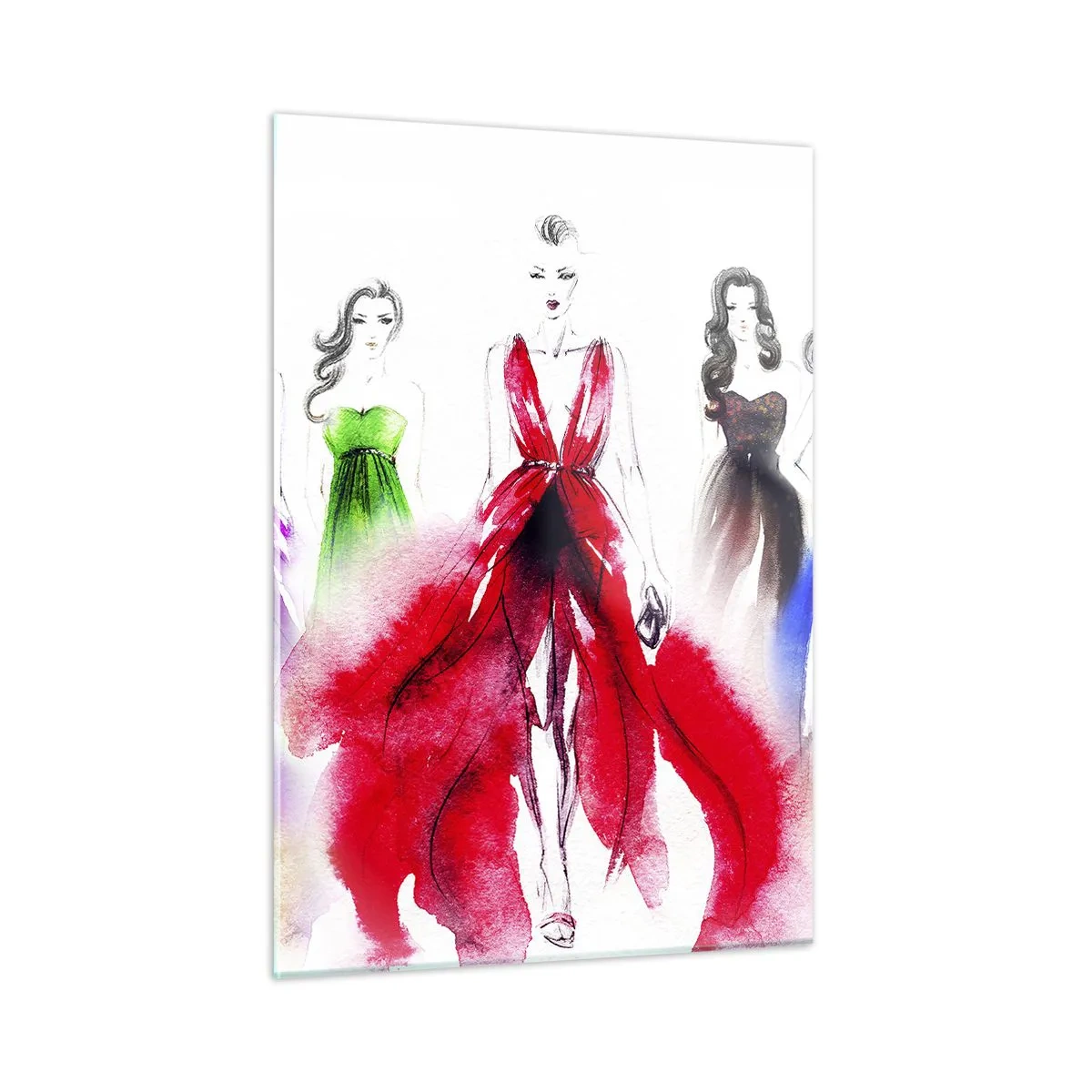 Obraz na szkle - Szkic kobiet w kolorowych sukniach wieczorowych - 50x70cm - Nastroje na stroje - Nowoczesna dekoracja ścienna do salonu, kuchni i sypialni ARTTOR