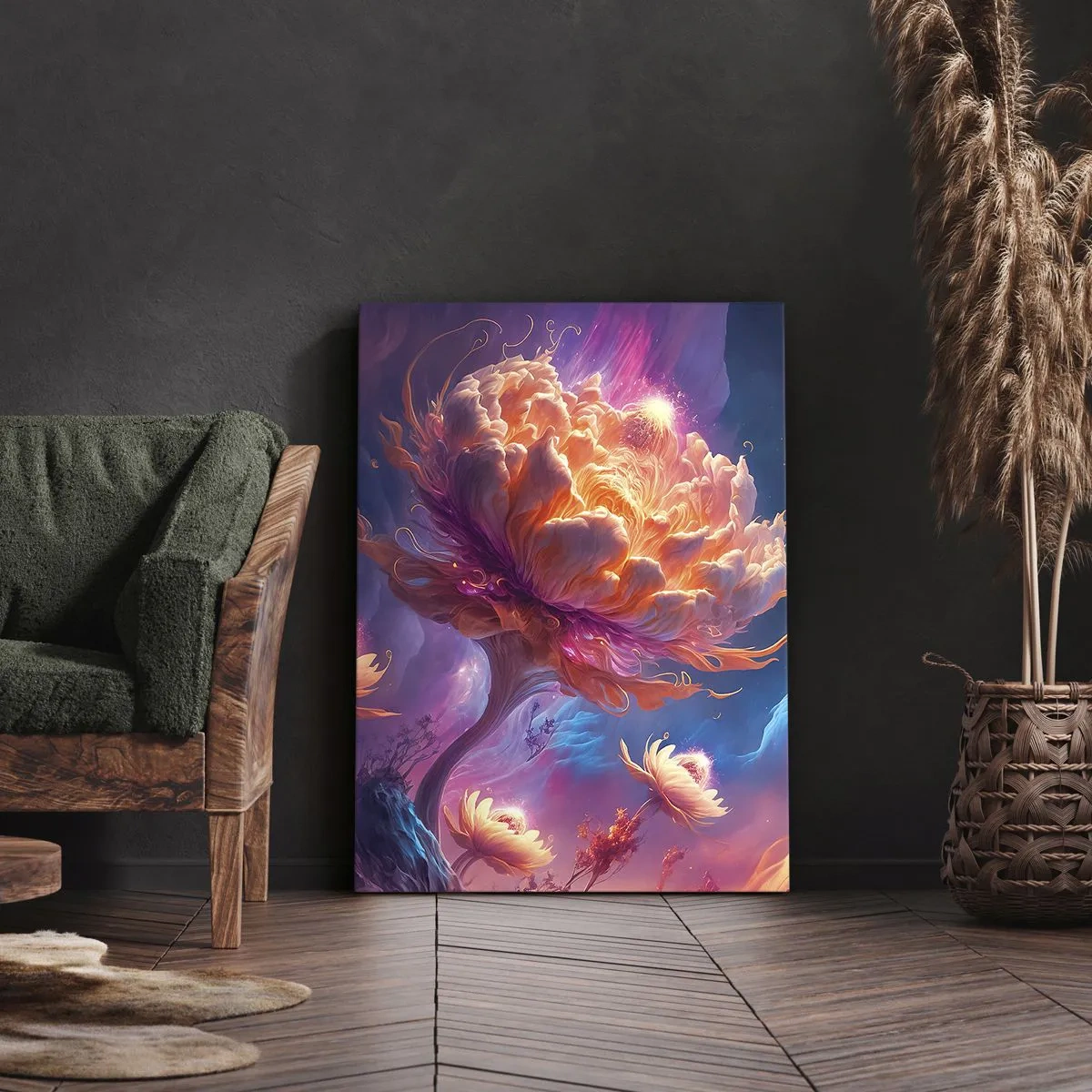Obraz na płótnie - Fantastyczne drzewo w kształcie rozkwitającego kwiatu na tle baśniowego krajobrazu - 50x70cm - Inny świat - Nowoczesna dekoracja ścienna do salonu, kuchni i sypialni ARTTOR