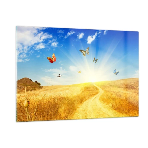 Obraz na szkle - Motyle unoszące się nad polną drogą o wschodzie słońca - 120x80cm - I jak tu nie kochać lata? - Nowoczesna dekoracja ścienna do salonu, kuchni i sypialni ARTTOR