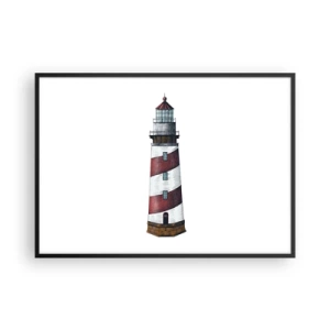 Plakat w czarnej ramie - Rysunkowy obraz latarni morskiej z czerwono-białymi pasami na minimalistycznym tle - 100x70cm - Zawsze na straży - Nowoczesna dekoracja ścienna do salonu i sypialni ARTTOR