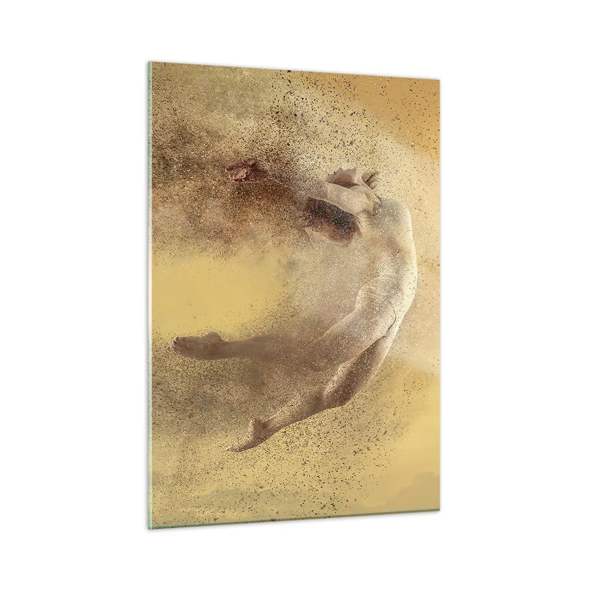 Obraz na szkle - Tancerz w dynamicznej kompozycji na złotym tle - 50x70cm - W tanecznym uniesieniu - Nowoczesna dekoracja ścienna do salonu, kuchni i sypialni ARTTOR