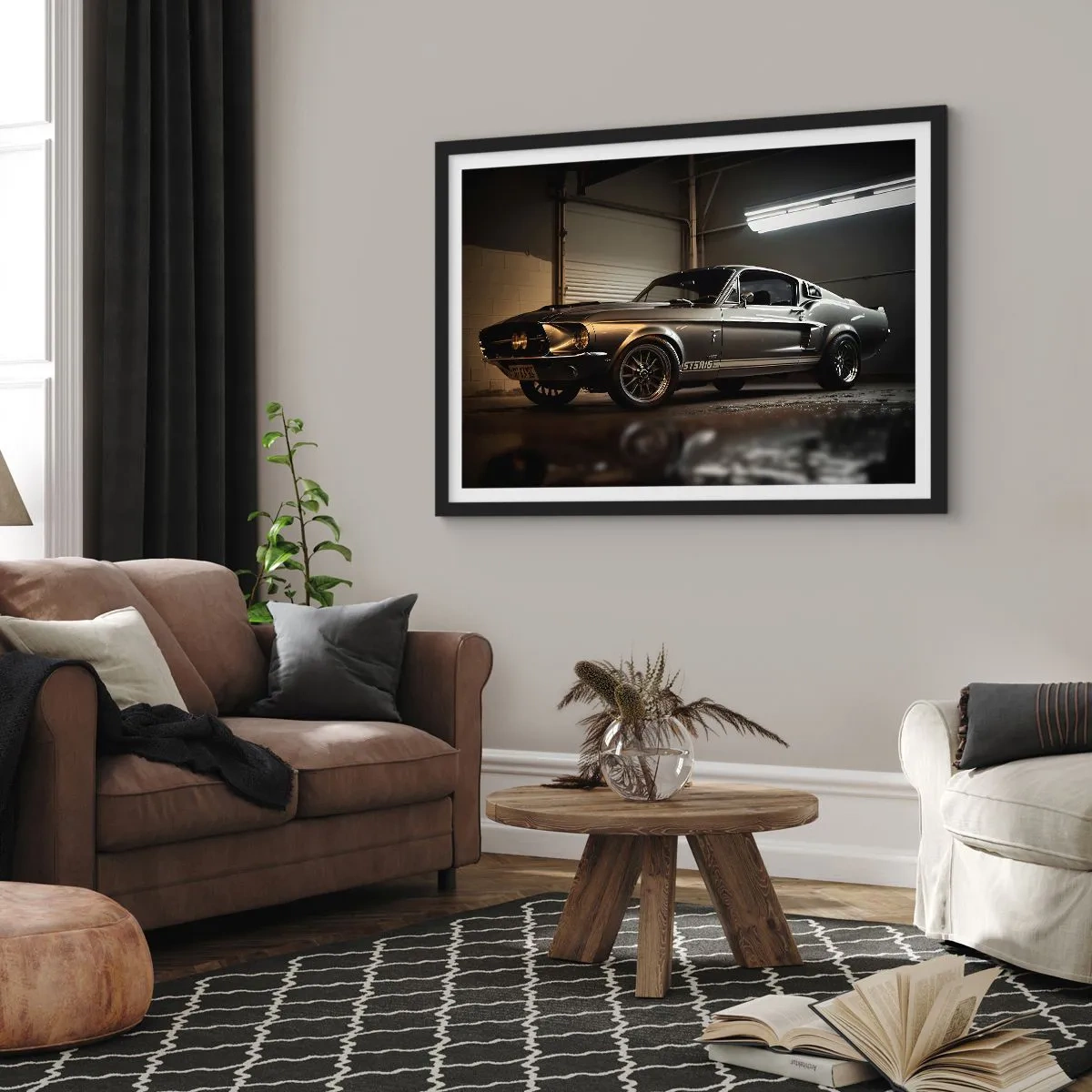 Plakat w czarnej ramie - Klasyczny samochód w garażu w stylu retro - 70x50cm - Powrót do przeszłości - Nowoczesna dekoracja ścienna do salonu i sypialni ARTTOR