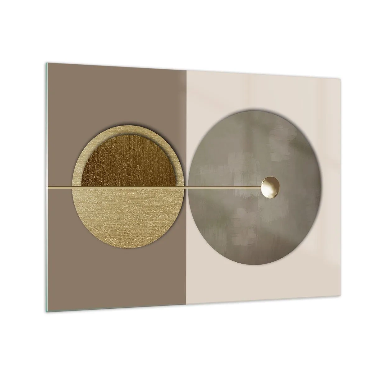 Obraz na szkle - Złote koła i linia w harmonijnej kompozycji - 70x50cm - Doskonała równowaga - Nowoczesna dekoracja ścienna do salonu i sypialni ARTTOR