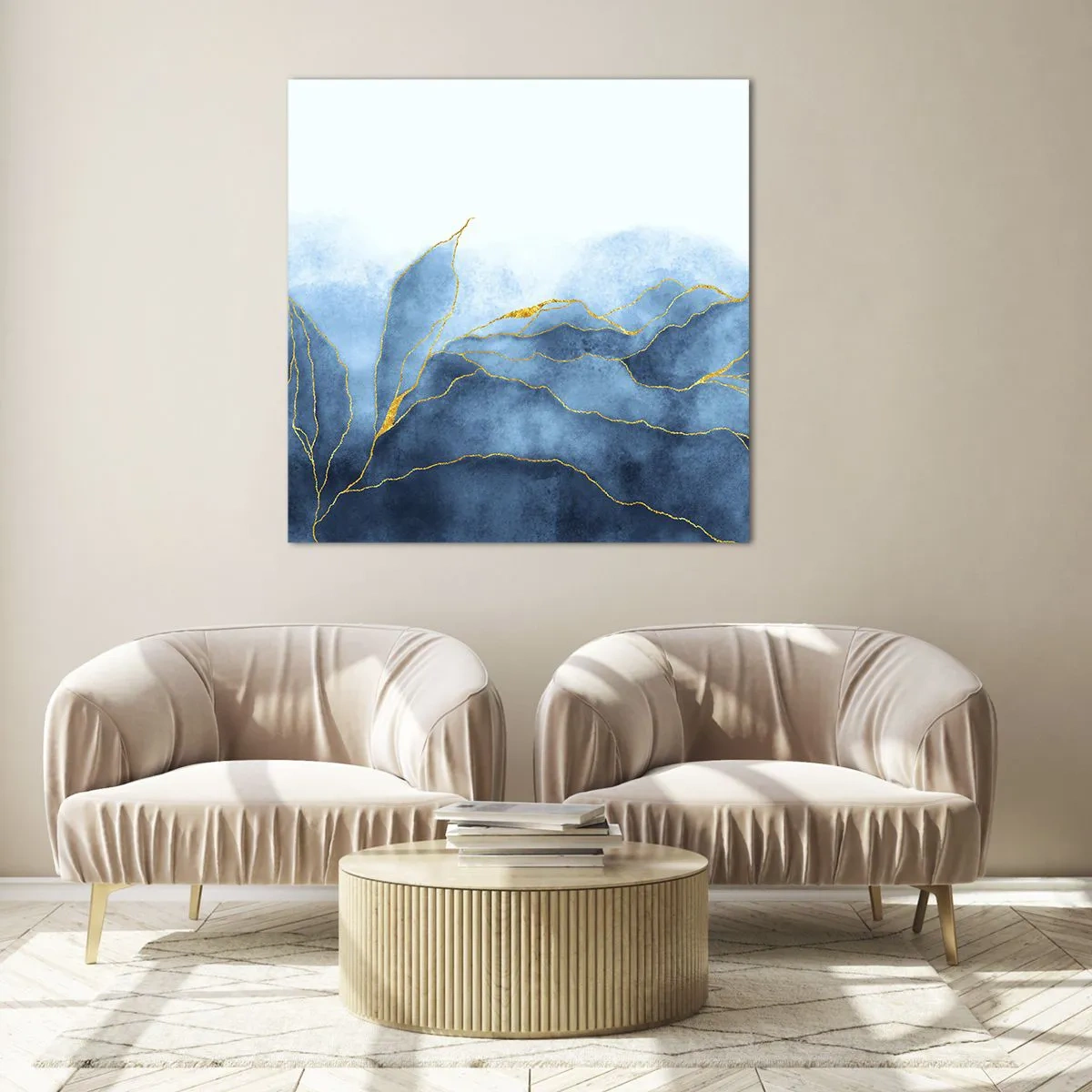 Obraz na szkle - Błękit w złocie - 70x70 cm