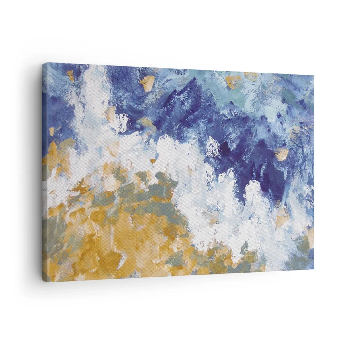 Obraz na płótnie - Abstrakcja w odcieniach błękitu, bieli i złota - 70x50cm - Taniec żywiołów - Nowoczesna dekoracja ścienna do salonu i sypialni ARTTOR