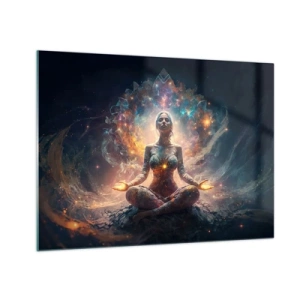 Obraz na szkle - Medytująca kobieta w świetlnej aurze energii i barw - 70x50cm - Przepływ dobrej energii - Nowoczesna dekoracja ścienna do salonu i sypialni ARTTOR