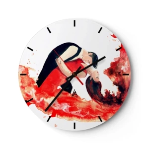 Zegar ścienny - Para tańcząca w czerwonych barwach artystycznych - 30x30cm - Tango - zmysłowa fala - Nowoczesna dekoracja ścienna do salonu, kuchni i sypialni ARTTOR