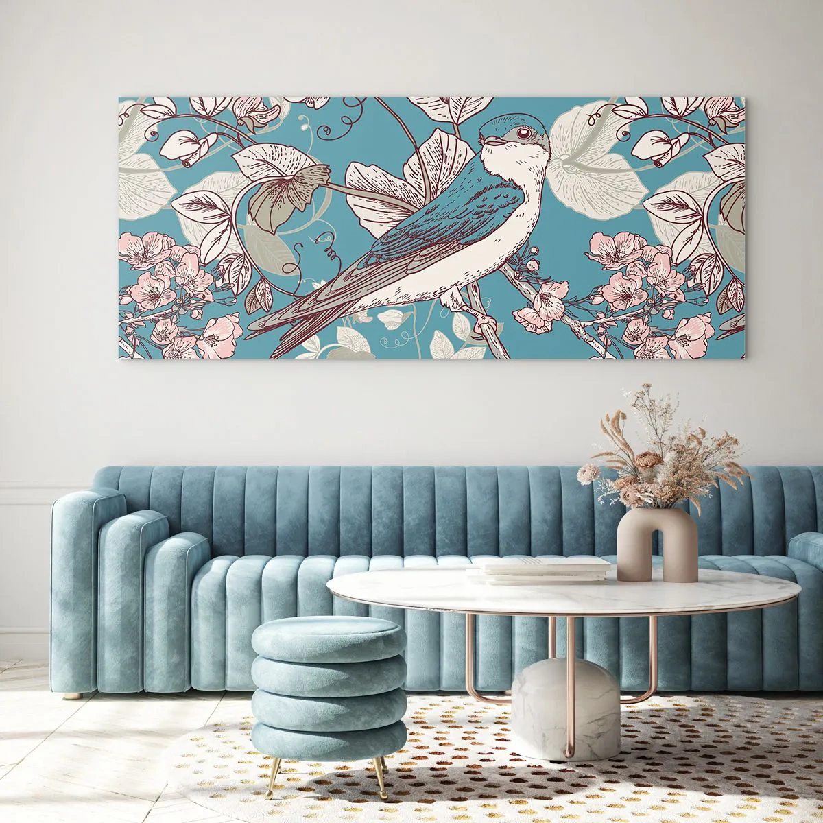 Obraz na szkle - Ptak na gałęzi w delikatnym floralnym stylu - 160x50cm - W białodrzewiu ćwirnie i srebliście - Nowoczesna dekoracja ścienna do salonu i sypialni ARTTOR