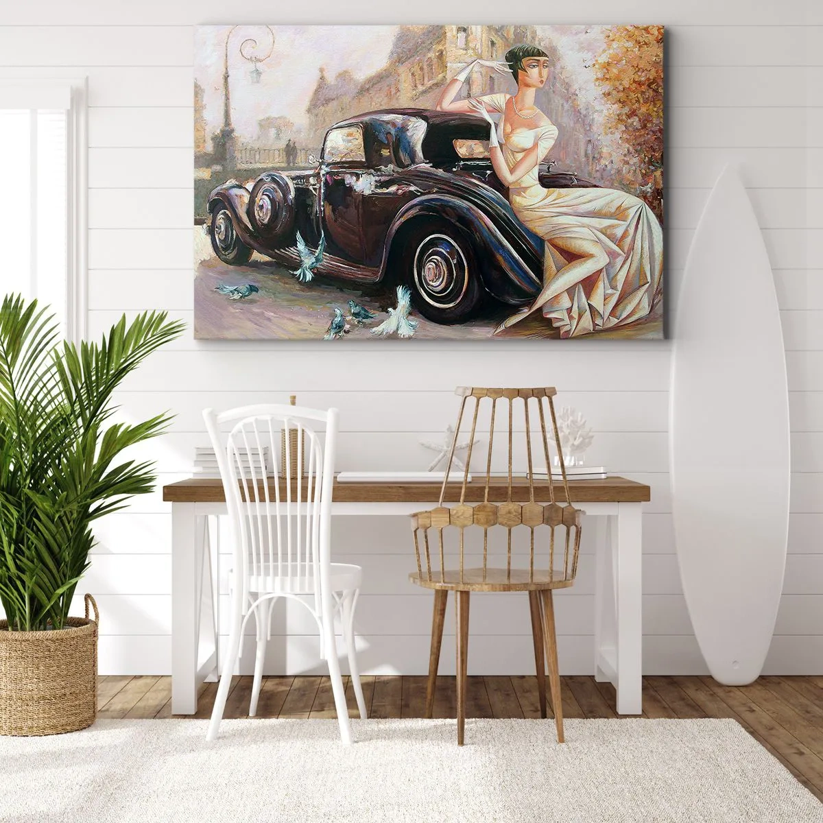 Obraz na płótnie - Kobieta w stylu retro obok klasycznego samochodu - 70x50cm - Elegancja w stylu retro - Nowoczesna dekoracja ścienna do salonu i sypialni ARTTOR