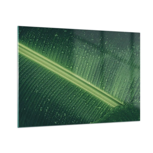 Obraz na szkle - Zbliżenie na zielony liść z kroplami wody - 100x70cm - Struktura zieleni - Nowoczesna dekoracja ścienna do salonu, kuchni i sypialni ARTTOR