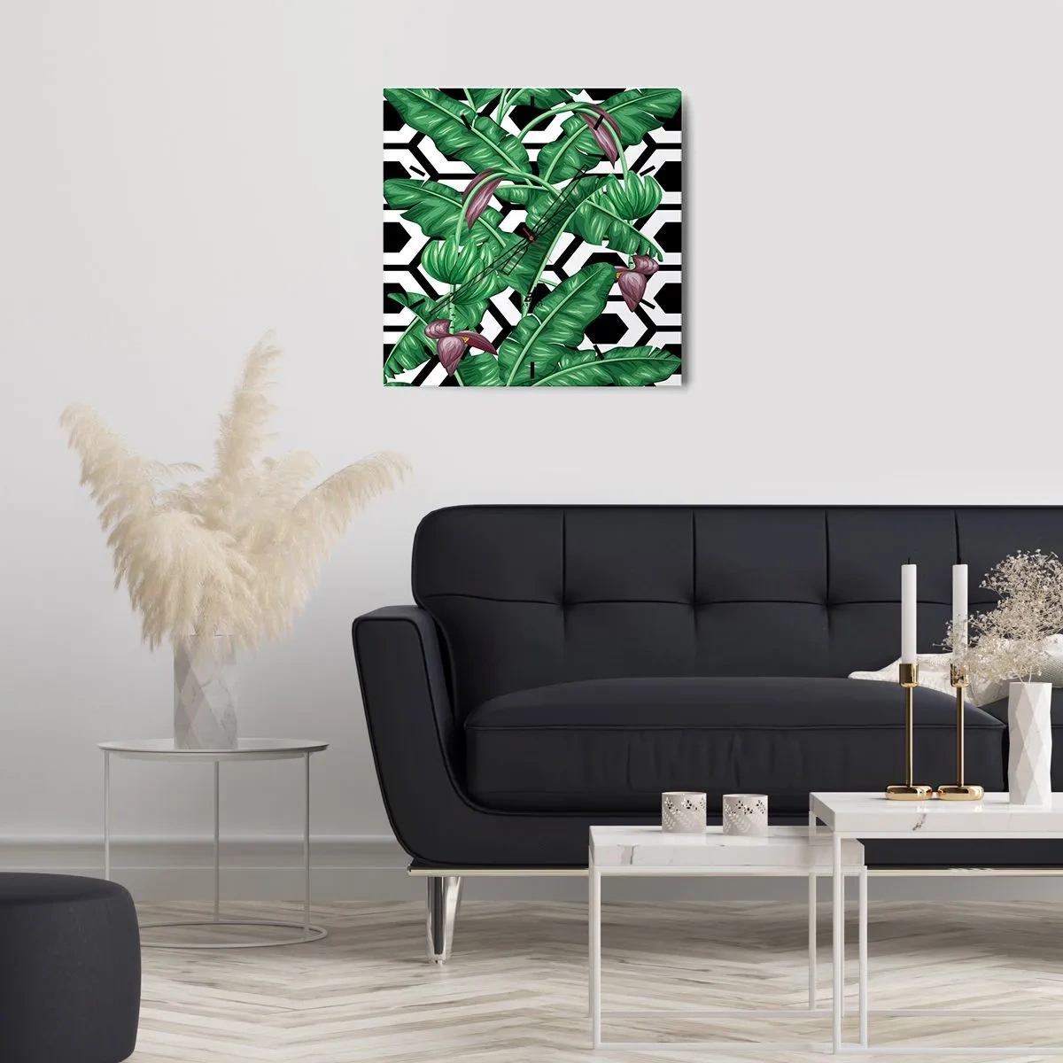 Zegar ścienny - Tropikalne liście na geometrycznym tle - 30x30cm - Kompozycja symetryczna z natury - Nowoczesna dekoracja ścienna do salonu i sypialni ARTTOR
